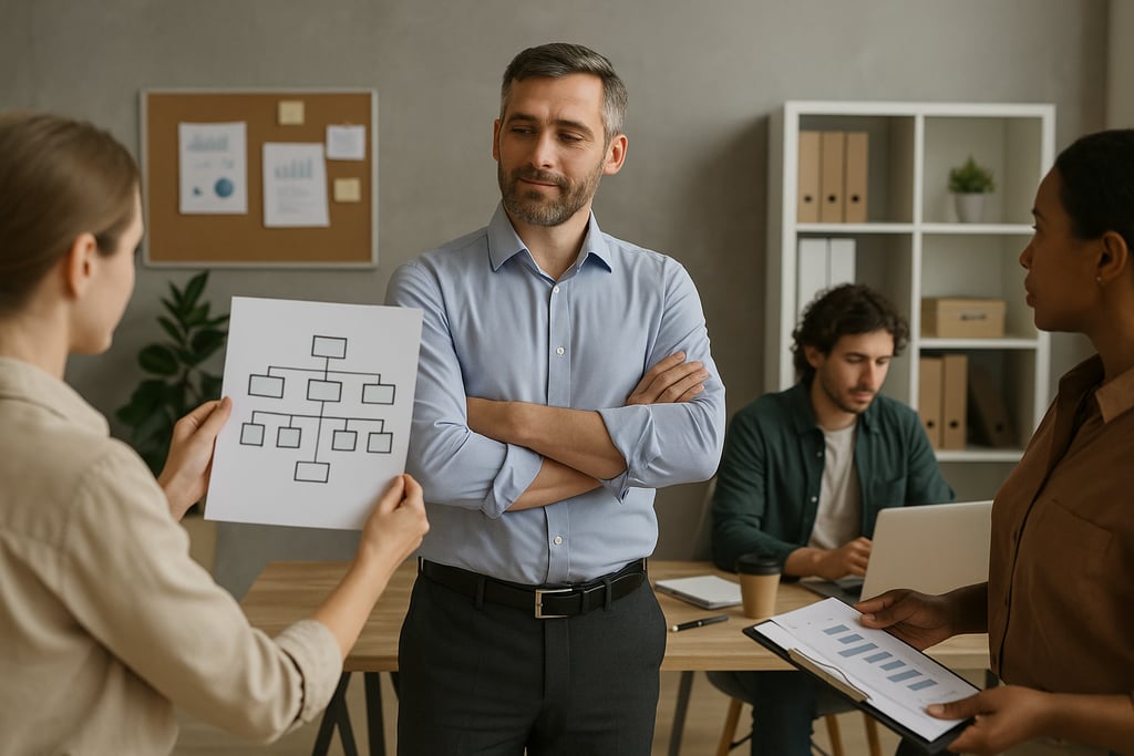 Líder empresarial con los brazos cruzados observa atentamente a su equipo, mientras una colaboradora le muestra un organigram