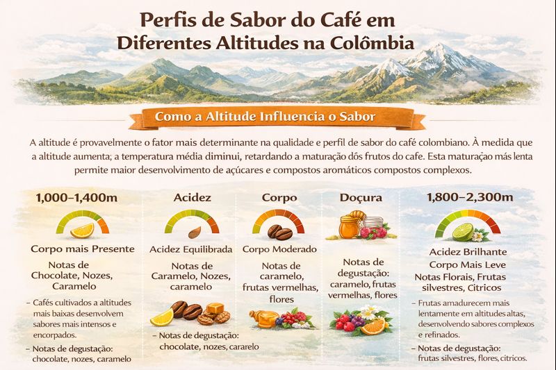 Infográfico mostrando três níveis de altitude (baixa, média, alta) com características de sabor asso