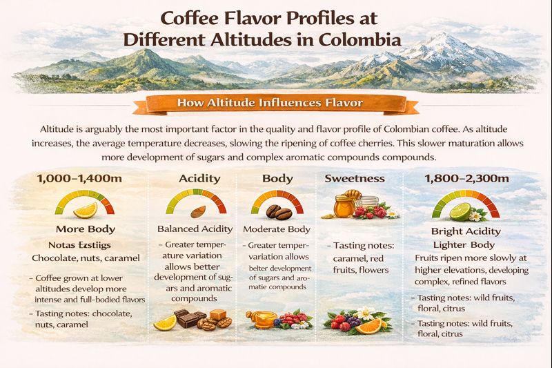 Infographic showing coffee flavor profiles at different altitudes in Colombia, three elevation level