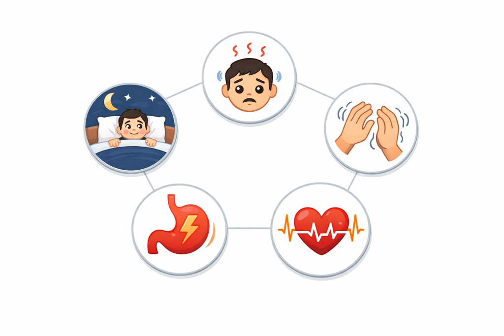 Representação visual dos sintomas e riscos do consumo excessivo de café