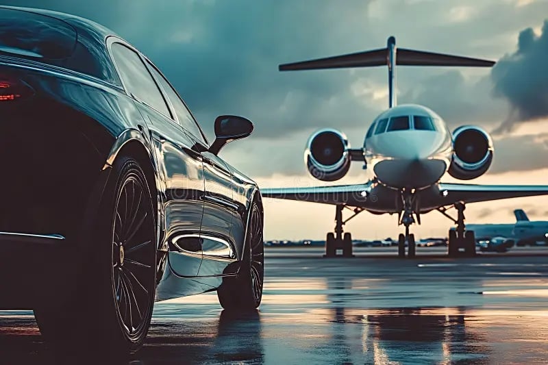 Luxury black car parked next to a private jet on a wet airport runway during sunset.
