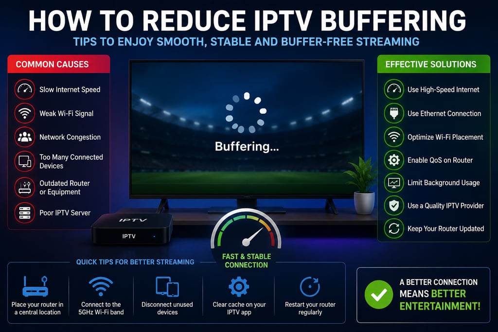Infographic showing how to reduce IPTV buffering with tips for smooth, stable, and buffer-free streaming.