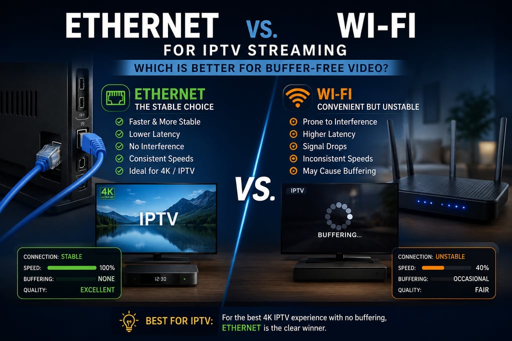 Comparison infographic showing Ethernet vs Wi-Fi for IPTV streaming and buffer-free 4K video.
