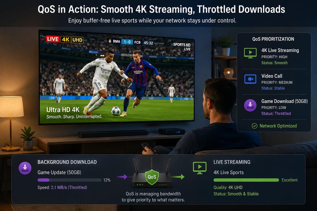 A man watches 4K live sports on TV using a QoS router to prioritize streaming over game downloads.