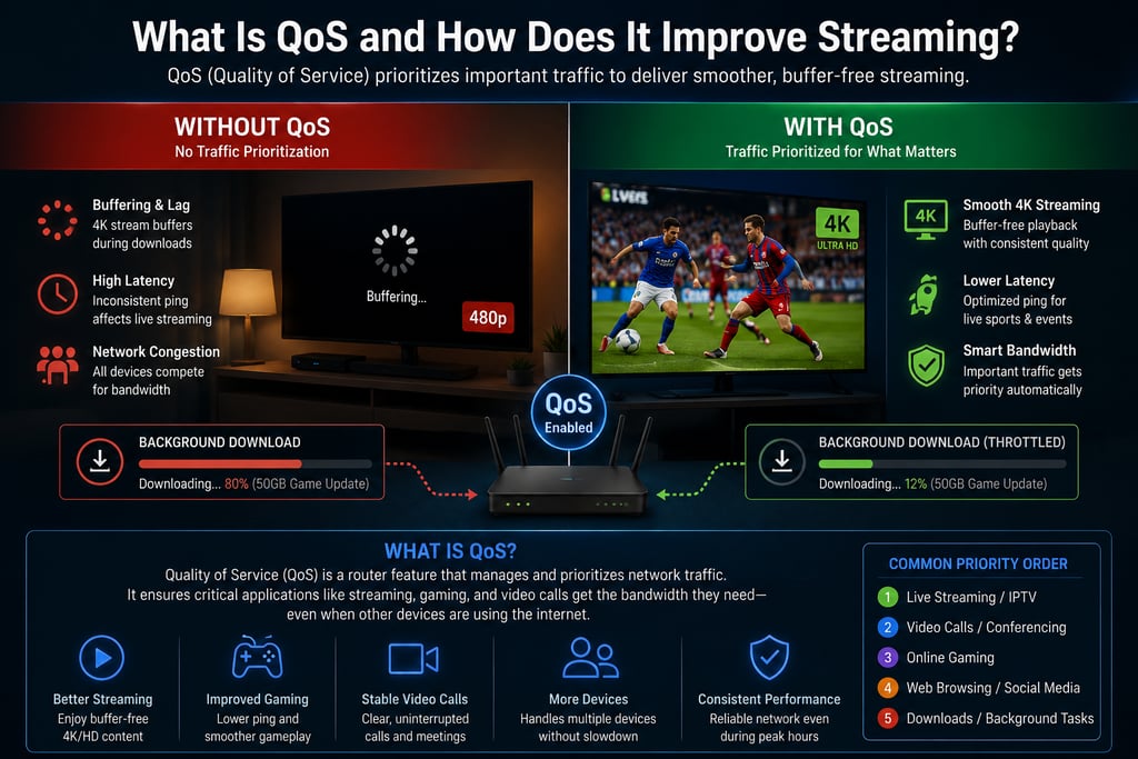 Infographic explaining how QoS improves 4K streaming by prioritizing network traffic and reducing buffering.
