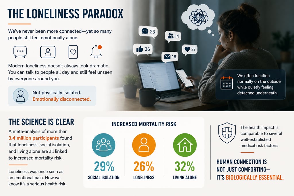 Infographic titled The Loneliness Paradox showing mental health statistics and the biological impact of social isolation.