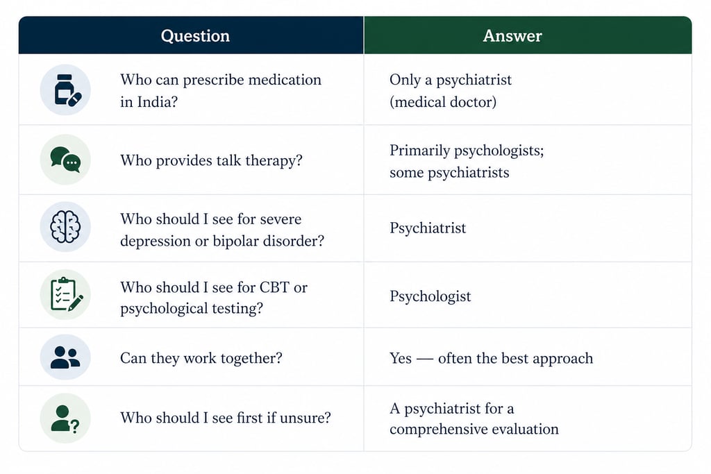 Comparison chart of psychiatrist and psychologist roles for mental health treatment in India.