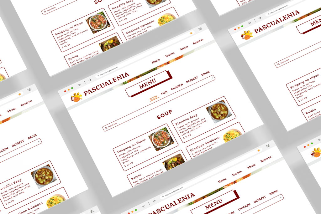 Web UI design for Pascualenia restaurant, showcasing the online menu layout.