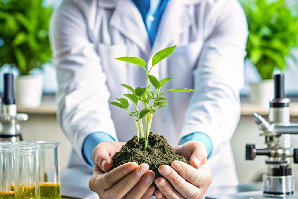 a man in a lab coat holding substrates and a plant. ghretek