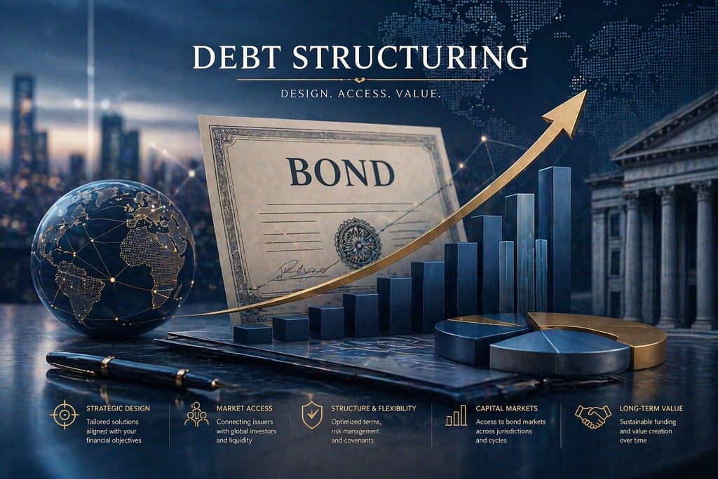 Corporate debt structuring graphic showing a bond certificate, growth chart, and global financial market icons.