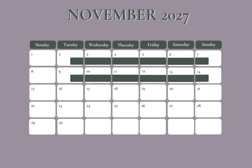 A November 2027 monthly calendar planner with a minimalist purple background and dark green accents.