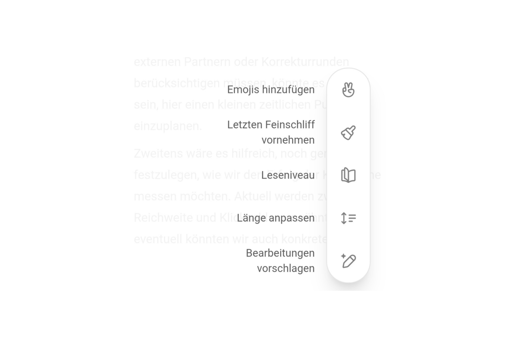 Detailansicht der Canvas-Shortcuts: Buttons für Emojis, Feinschliff, Leseniveau und Textlänge.
