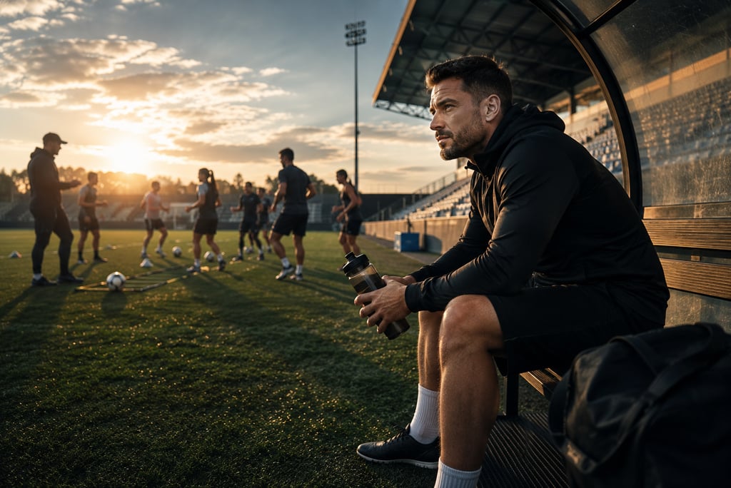 Participante observando entrenamiento grupal en cancha de fútbol.