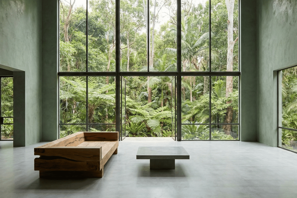 Modern minimalist living room with floor-to-ceiling windows overlooking a lush tropical forest.