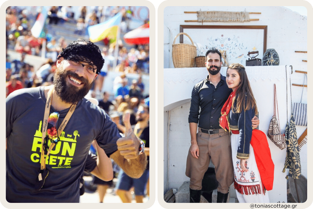 Crete Half Marathon participant smiling, and a couple in traditional Cretan costumes