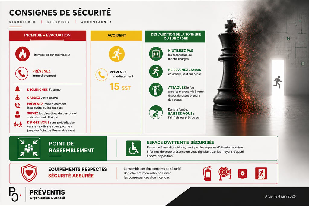 Workplace fire safety and emergency evacuation infographic showing procedures, assembly points, and exit signs.