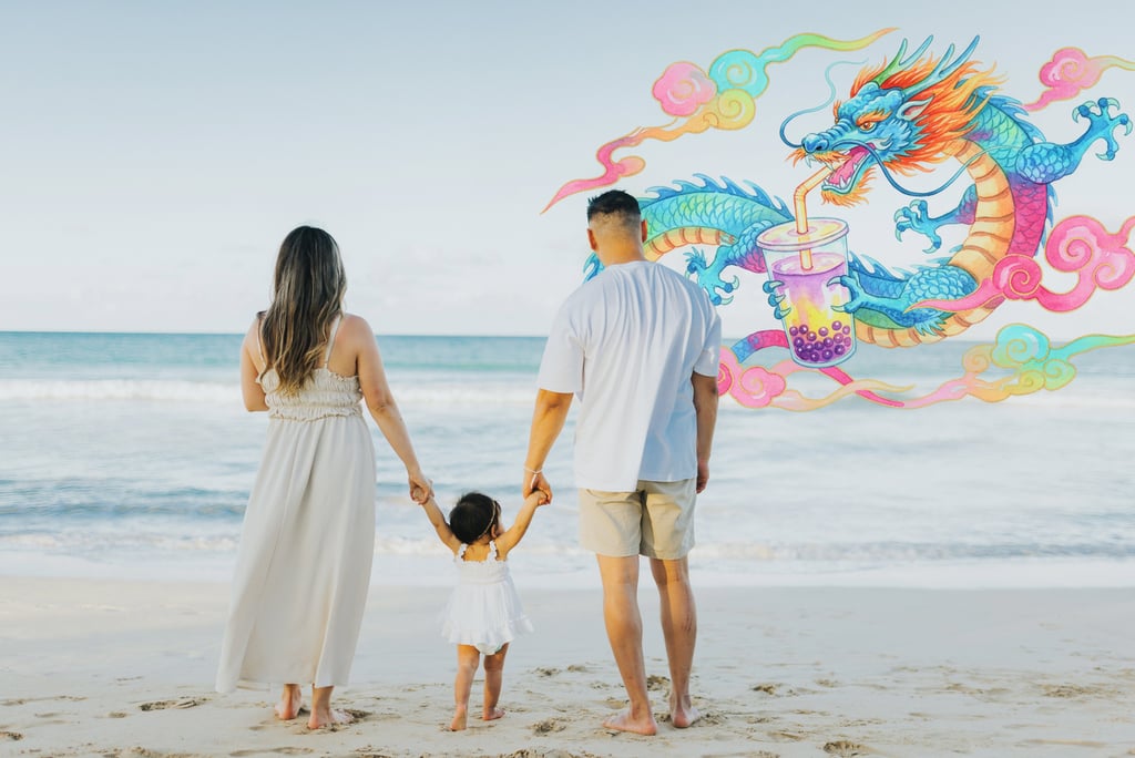 boba girl at the beach with family