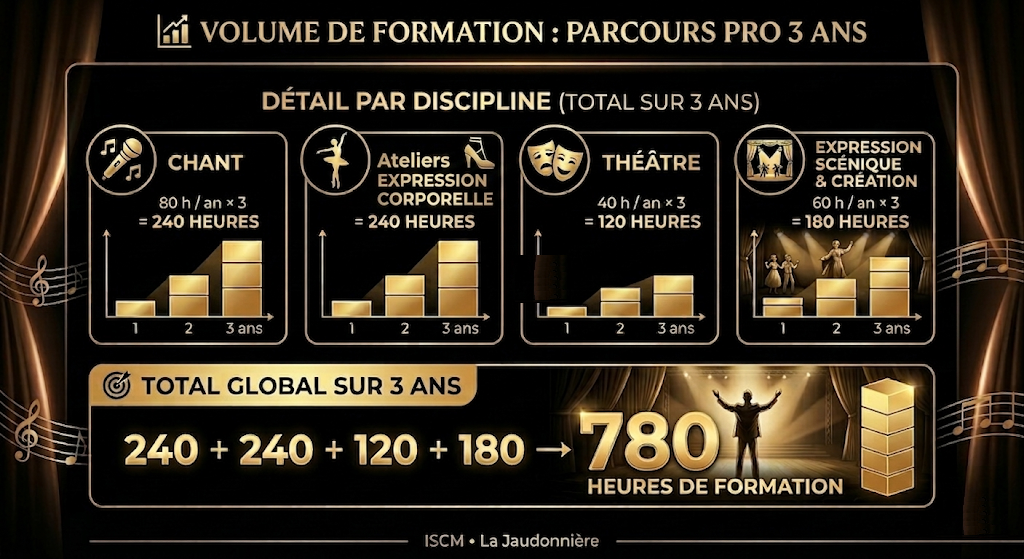 Volume horaire et disciplines du parcours professionnel 3 ans - Formation comédie musicale Vendée
