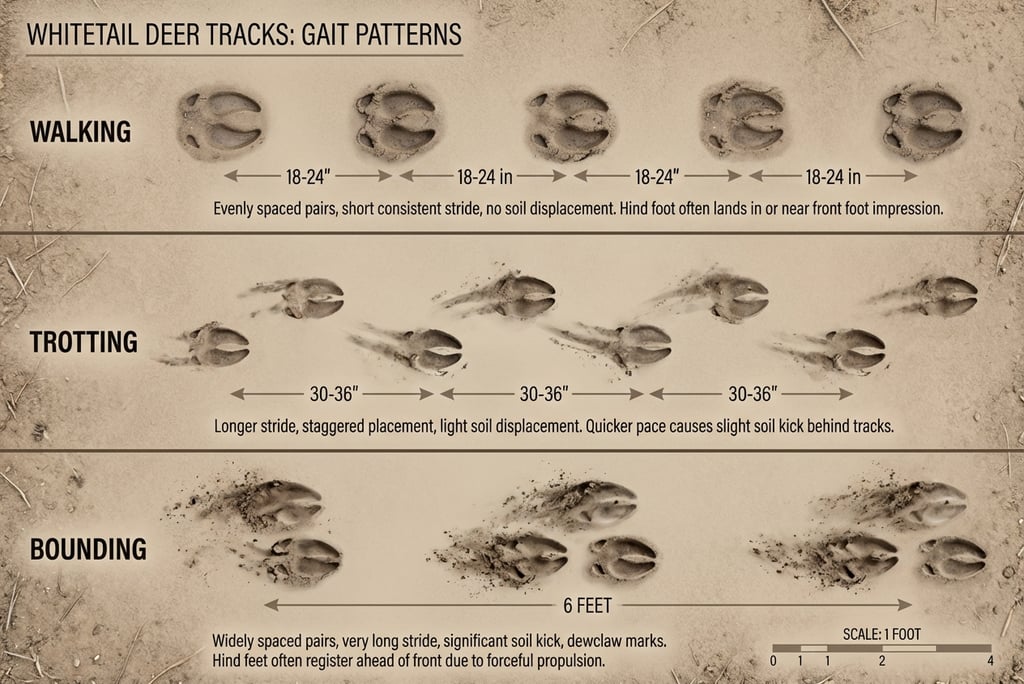 Diagram of whitetail deer tracks showing walking, trotting, and bounding gait patterns with measurements.