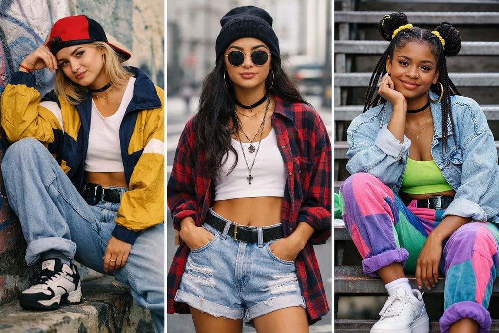 Stylish girls in 90s fashion outfits with denim, plaid, and retro streetwear.