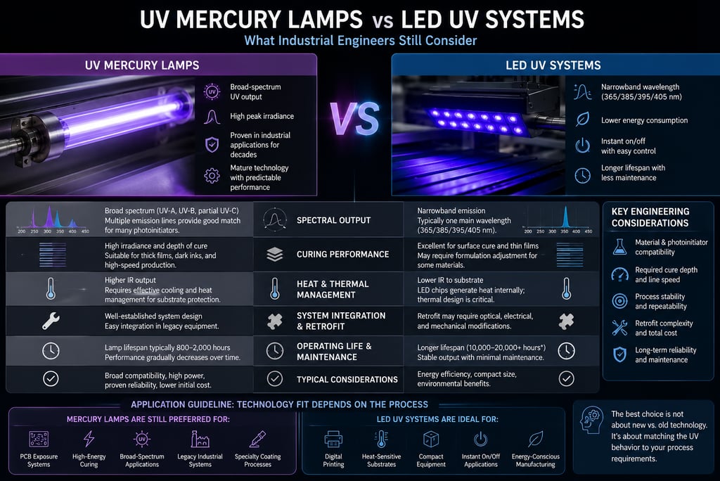 Comparison of UV mercury lamps and LED UV systems for industrial curing, PCB exposure, and manufacturing applications