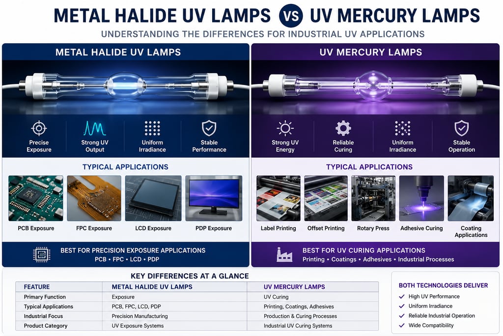Comparison of metal halide UV lamps and UV mercury lamps for PCB exposure, printing and industrial UV curing applications