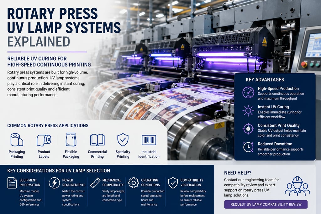 Industrial rotary press UV lamp system used for high-speed printing and continuous production applications
