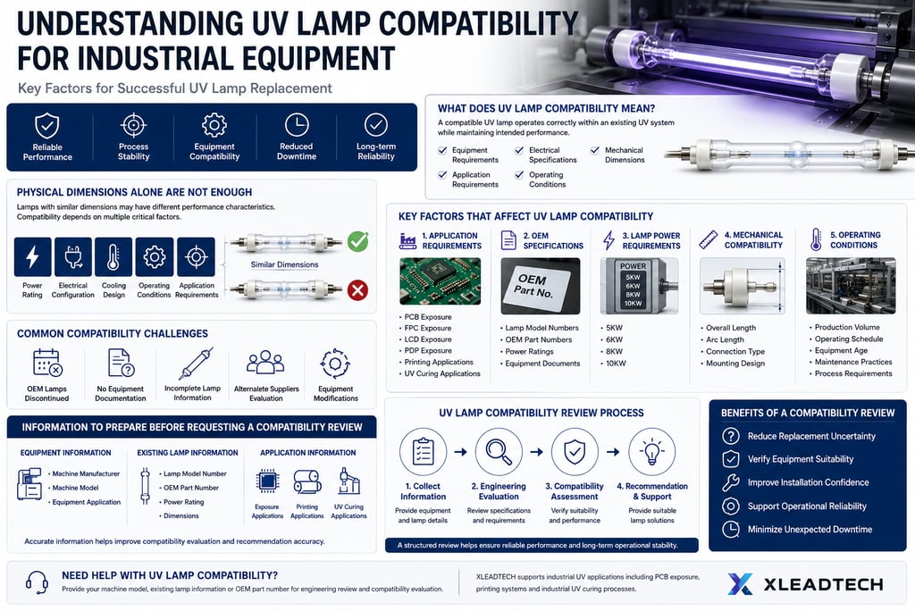 UV lamp compatibility review process for industrial equipment including exposure, printing and UV curing applications