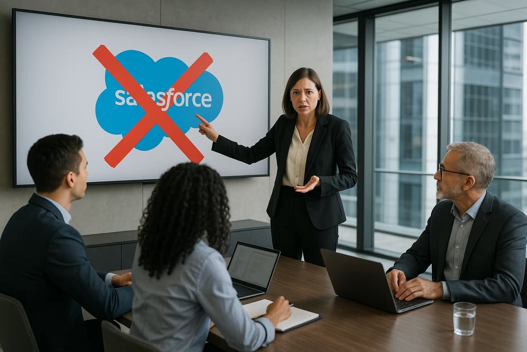 Business leader presenting project failure analysis to team, showing failed Salesforce implementatio