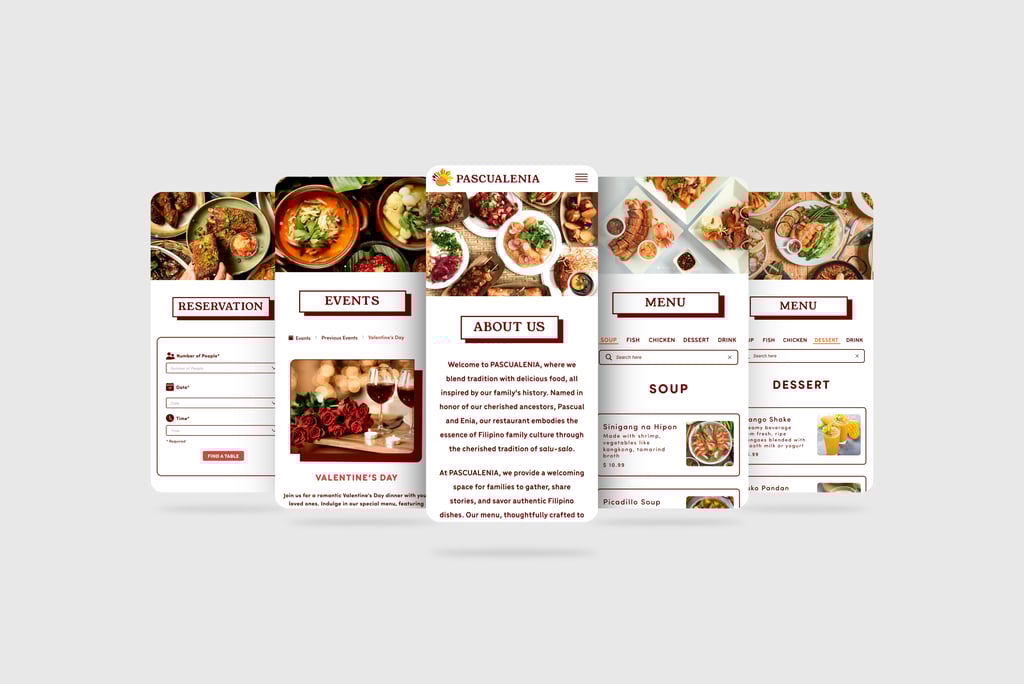 Mobile UI design for Pascualenia restaurant, showcasing reservation, events, about, and menu pages.