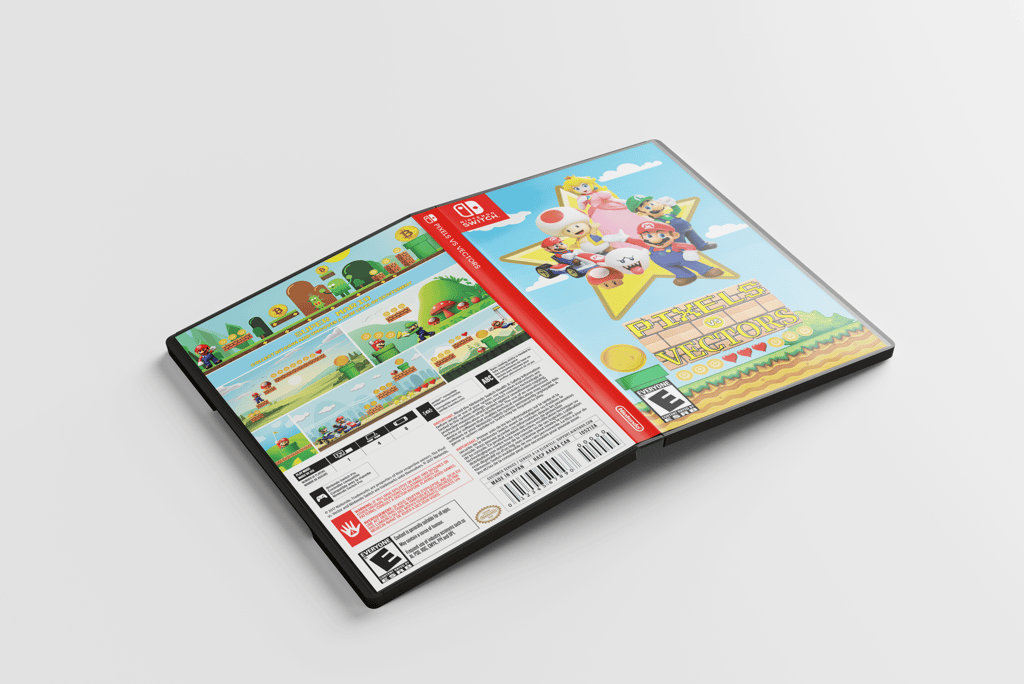 3D-rendered Nintendo Switch game case for 'Pixels versus Vectors, showing the front, back, & spine