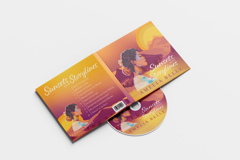 A CD album design for 'Sunsets and Storylines', featuring warm tones and a stylized portrait.