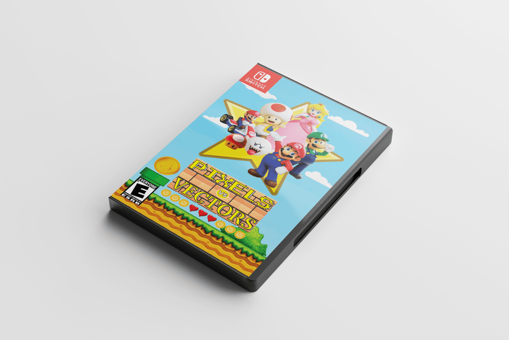Nintendo Switch game case for 'Pixels vs Vectors' with a colorful cover and Mario-style characters.