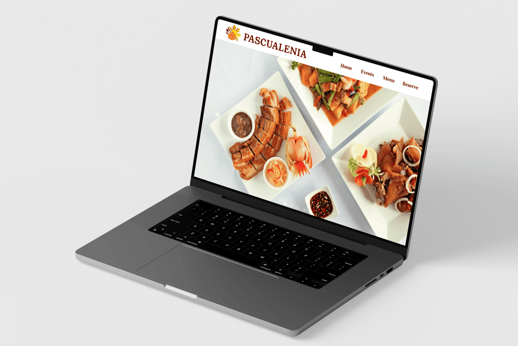 Pascualenia restaurant website displayed on a laptop screen, featuring Filipino dishes.