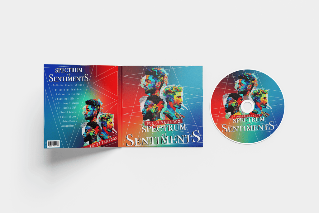 CD album design for 'Spectrum of Sentiments', featuring bold gradients & fragment portraits