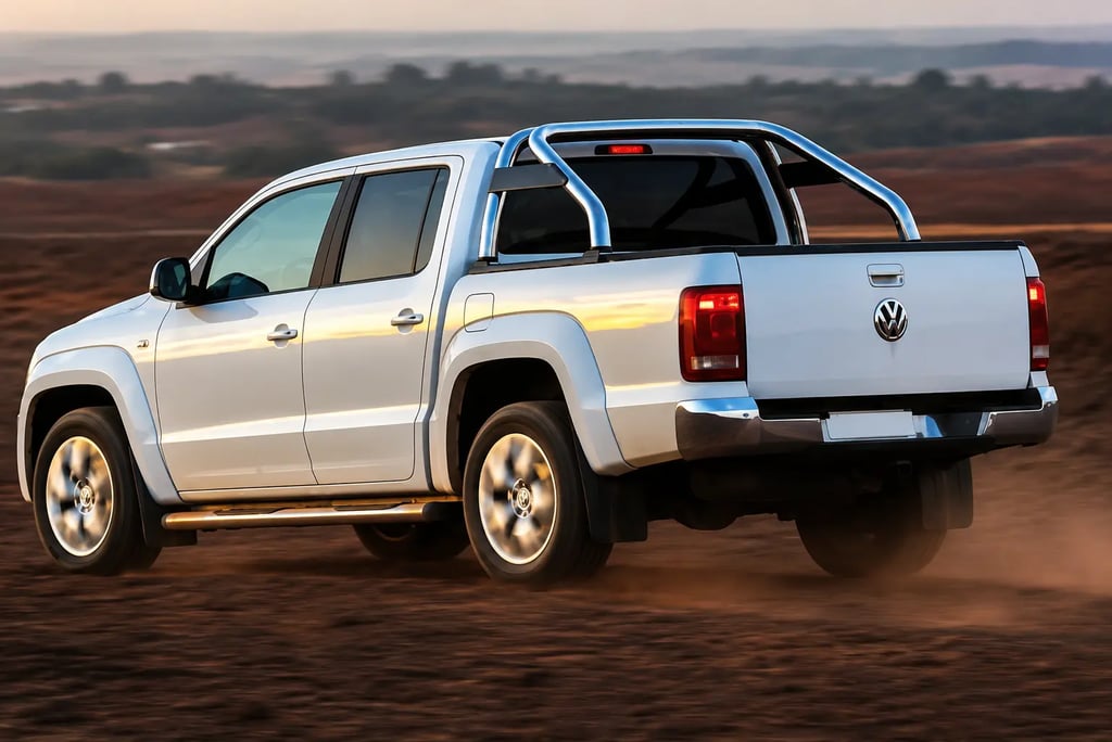 Amarok 4x4 diesel branca vista de traseira em uma estrada rural.