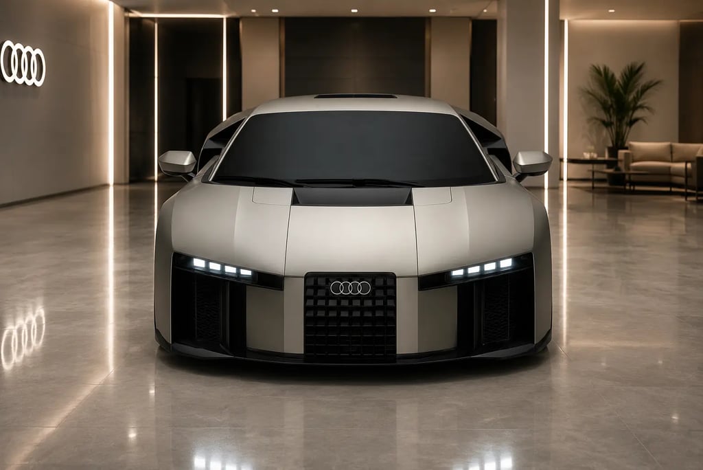 Audi Nuvolari de 986 cv visto de frente em showroom premium com visual futurista