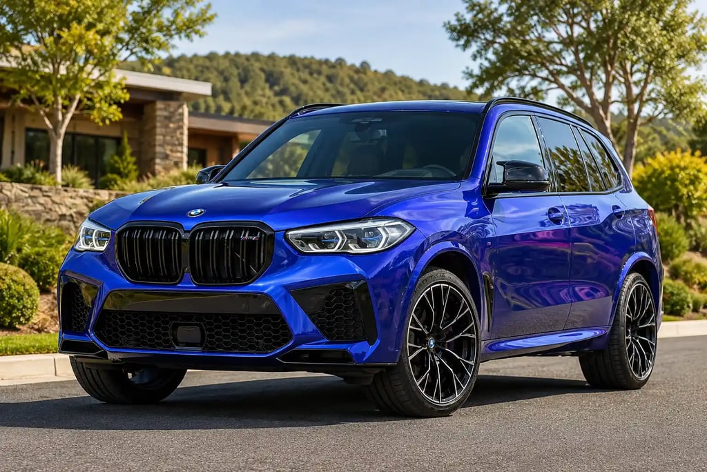 BMW X5 azul estacionada em estrada com fundo natural e área residencial