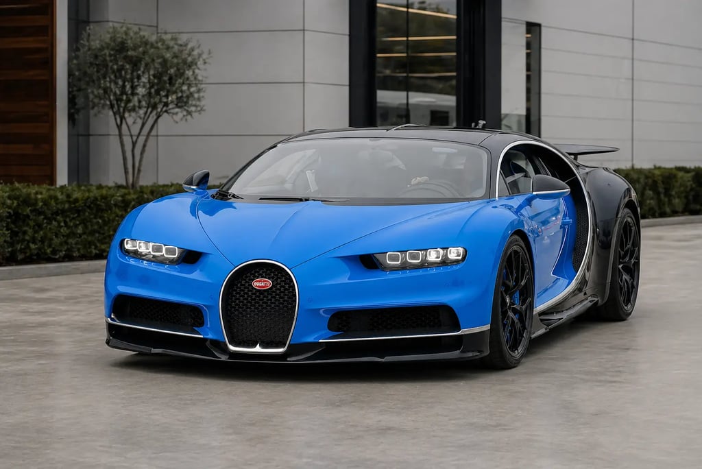 bugatti azul em ambiente de showroom externo moderno com fundo neutro e arquitetura contemporânea