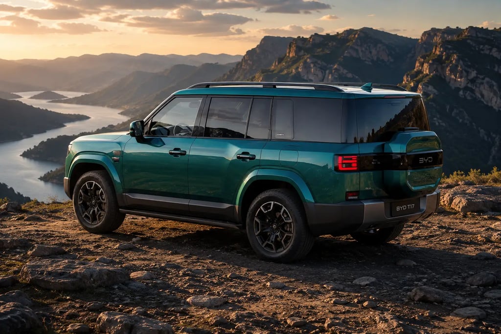 BYD Ti7 verde visto de traseira em paisagem montanhosa ao pôr do sol