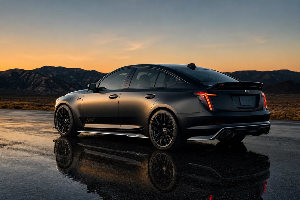 Cadillac CT5-V Blackwing F1 V8 de 685 cv visto de traseira em estrada ao pôr do sol