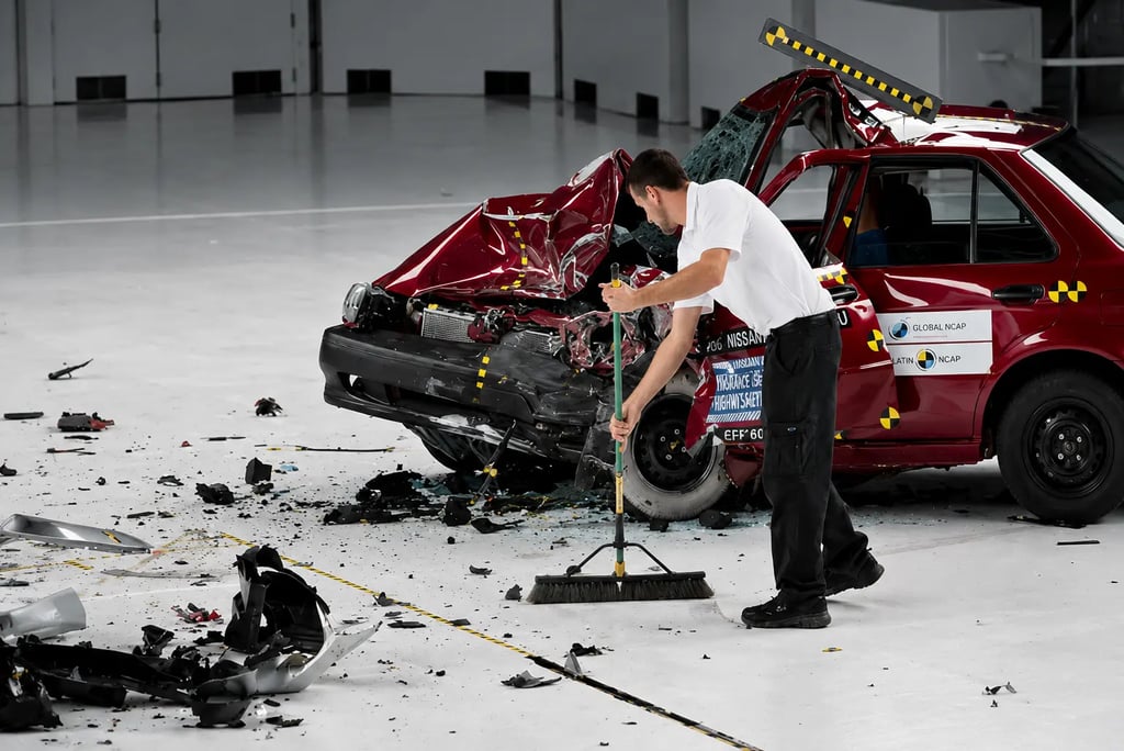 Carro destruído após teste de colisão em laboratório de segurança automotiva.