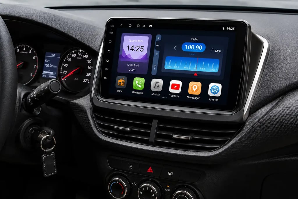 Central multimídia com rádio FM instalada no painel moderno de um carro.