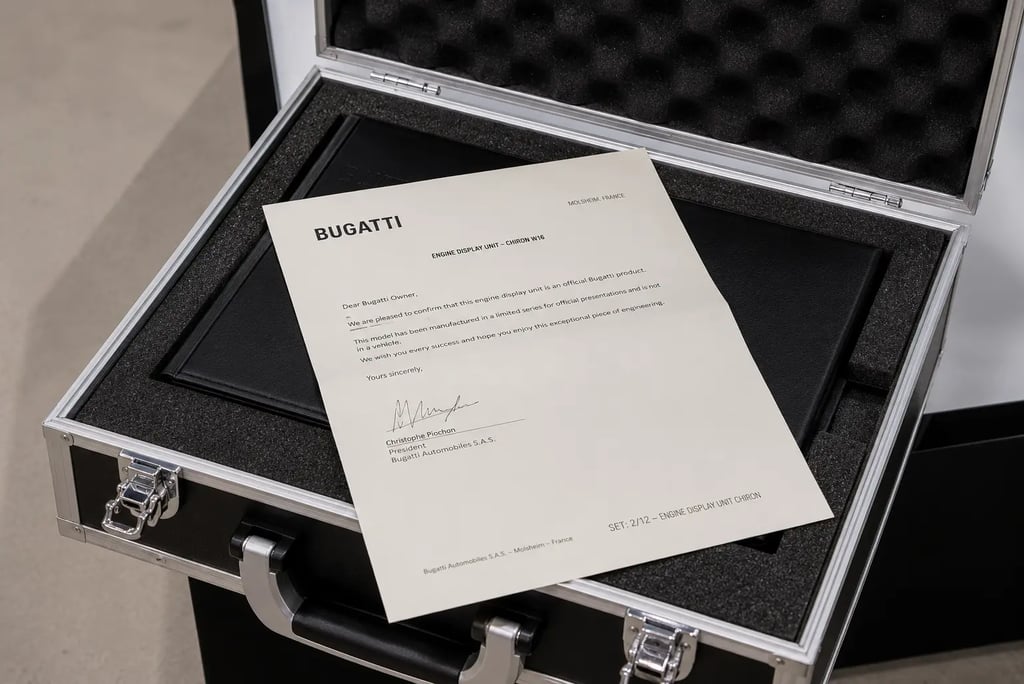 Certificado de autenticidade do motor Bugatti Chiron W16 em maleta original