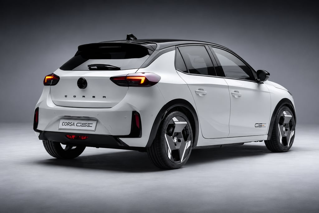Traseira do novo Corsa GSE 2026 elétrico com rodas esportivas e lanternas em LED.