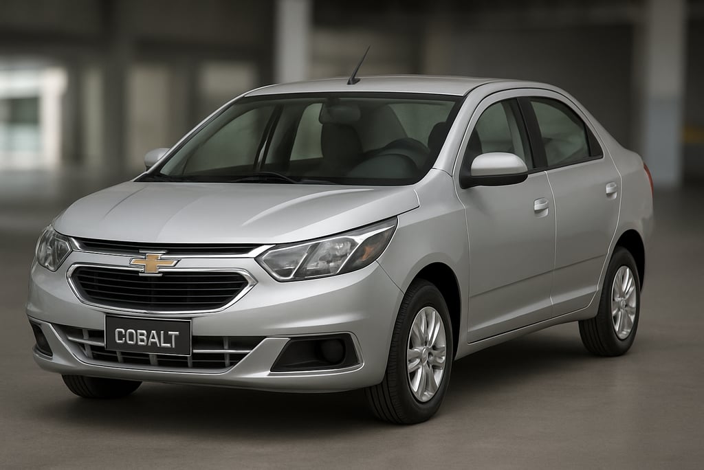 Chevrolet Cobalt prata fotografado em ambiente interno, visto de frente em ângulo lateral com destaq