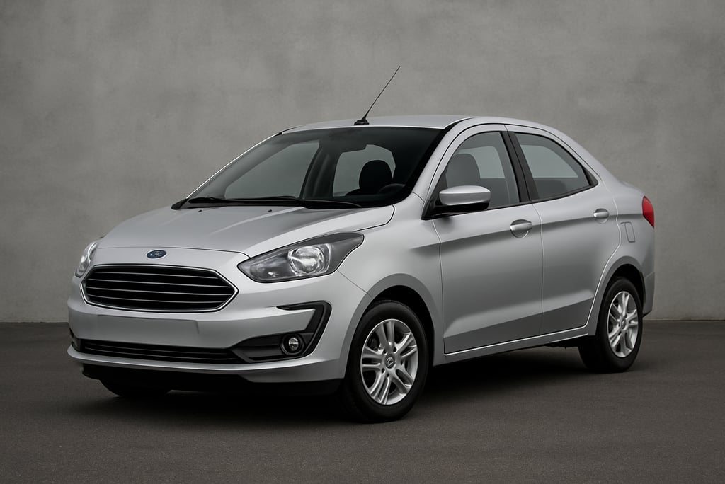 Ford Ka Sedan prata fotografado em ambiente externo com fundo de parede cinza, visto em ângulo front