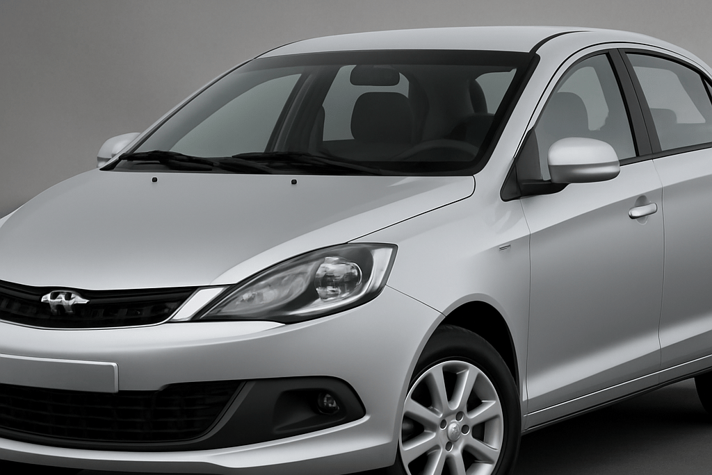 Chery Celer prata em fundo cinza, fotografado em ângulo frontal-lateral com destaque para os faróis,