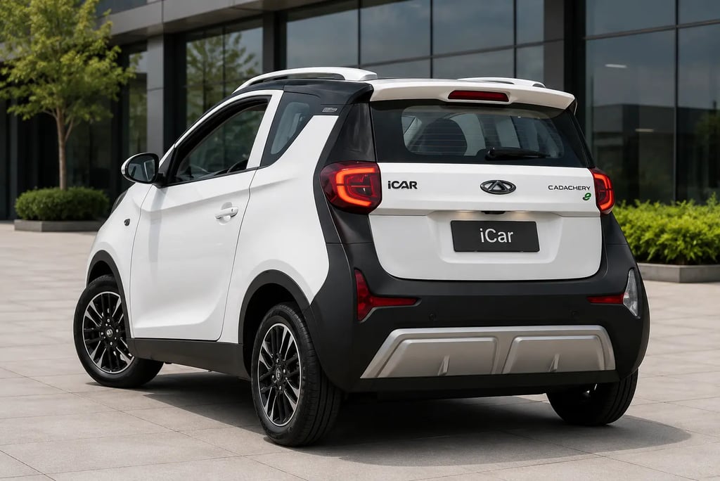 Traseira do Chery iCar branco estacionado em frente a um showroom moderno