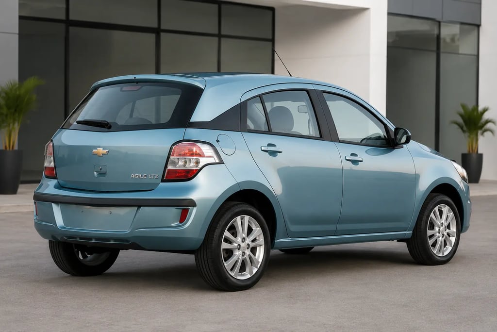 Chevrolet Agile LTZ azul visto de traseira em showroom externo moderno